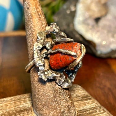 Handmade Brutalist Ring Red Stone Gemstone Jasper Hand Crafted Modern Vintage 