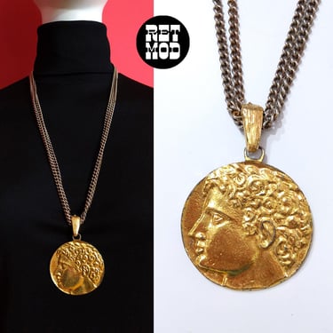 Large Vintage 60s 70s Gold Greek Profile Medallion Necklace 