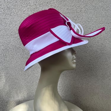 Vintage preppy church hat raspberry pink white with bow Sz 7 1/4 large 23” by Pierra Millinery 