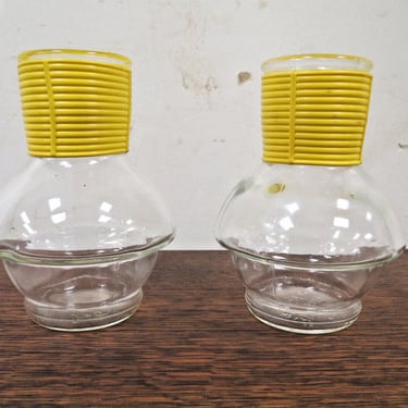 2 Vintage McKee Hottle Glasbake Clear Glass Bottles With Yellow Band - No Lids 
