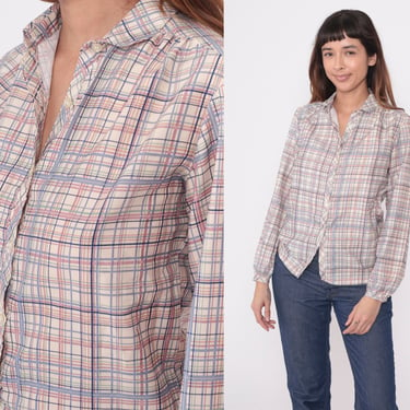 80s Plaid Blouse Pastel Button Up Shirt Checkered Print Long Sleeve 1980s Top Vintage Cream Lavender Pink Small S 