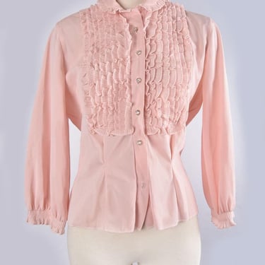 1940's 50's Pink Nylon Ruffle Blouse By Lee Mar, Vintage Mid Century Soft Ballet Pink Shirt Top, Rhinestone Lucite Buttons 