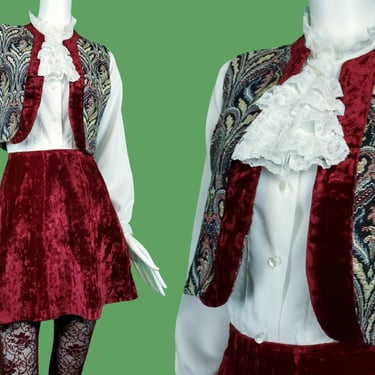 1960s gogo skirt set. Tapestry & crushed velvet. Burgundy/wine. Skirt w/bolero vest. Mod flare mini skirt. (Size S/ 34 bust/ 28 waist) 
