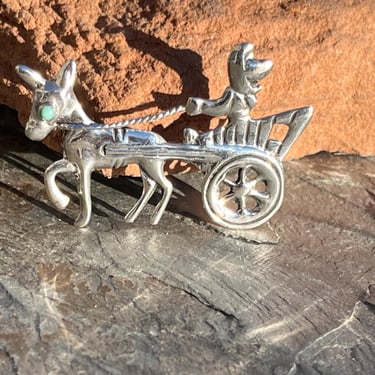 Vintage Mexico Sterling Silver Blue Eyed Donkey Pulling Man in a Cart Pin / Brooch c. 1940's 