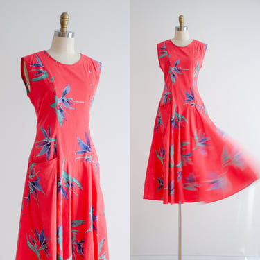 coral pink dress 80s vintage Hawaiian floral fit and flare cotton midi dress 
