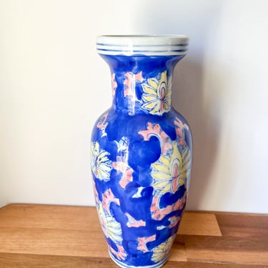 Blue Asian Style Vase. Porcelain Chinese Floral Vase. 