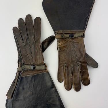 1930'S Motorcycle Gauntlets - Nicely Worn Brown Leather - Side Gussets - Adjustable Wrist Straps - Men's Size Medium 