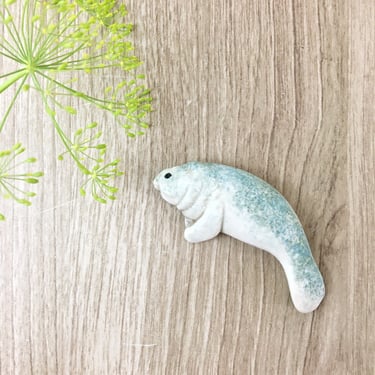 Ceramic manatee pin - vintage artisan sea mammal jewelry 