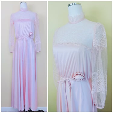 1970s Vintage Pale Pink Lace Sleeve Dress / 70s / Seventies Sheer Neck Rosette Waist Maxi Dress / Size Small - Medium 