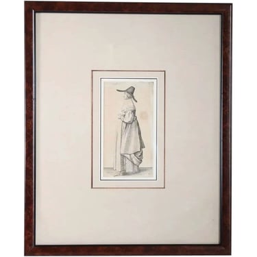 1640s Antique WENCESLAUS HOLLAR Etching on Paper, English Lady with Wide-Brimmed Hat Matted and Framed Art 