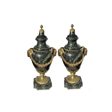 Pair of French 19th Century Green Marble and Bronze Vases/Urns