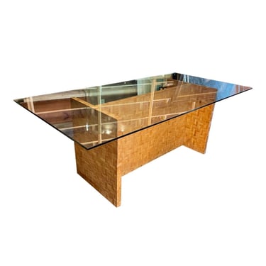 20th Century Coastal Woven Herringbone Rattan Rectangular Glass Dining Table 
