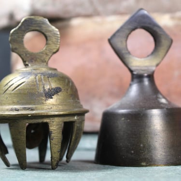Pair of Antique Brass Bells | Small Rustic Brass Bells with Original Clappers | Vintage Bells 