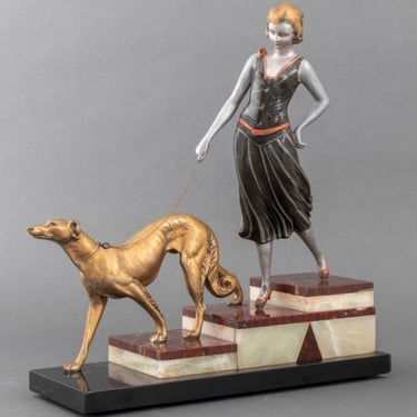 Art Deco Style Sculpture Woman &amp; Greyhound