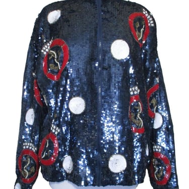 90s Sequin Jacket, Vintage MODI The Icing, L/XL Women, Navy Blue Red White Nautical Bomber 