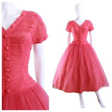 1950s Vivid Pink Tulle Fit & Flare Party Dress - 1950s Pink Party Dress - 1950s Pink Cupcake Dress - 1950s Pink Tulle Dress | Size Medium 