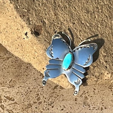 Native American Turquoise and Sterling Silver Butterfly Pin / Brooch with Stamp Work 