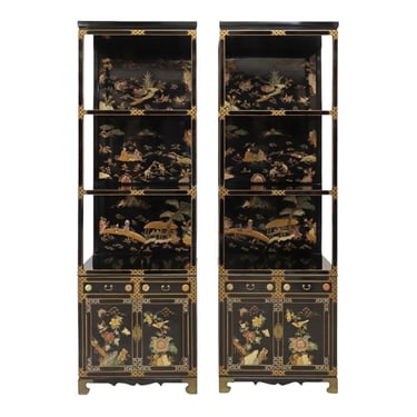Pair of Tall 2-Piece Chinoiserie Black Lacquered Etageres with Inlaid Bone and Hard Stone Accents 