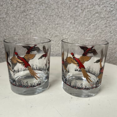 Vintage MCM Small Tumbler Glasses Set 2 Pheasant Bird Theme Hazel-Atlas 
