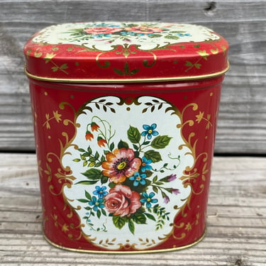 vintage floral tea tin red and gold biscuit storage container 