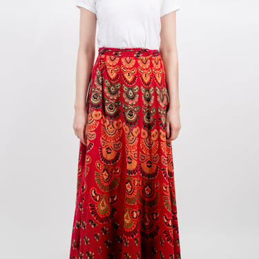 1990s Does 1970s Indian Cotton Red Abstract Wrap Skirt