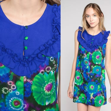 70s Micro Mini Dress Blue Green Psychedelic Floral Ruffled Bib Dress Mod Hippie Retro Tunic Shift Sleeveless Vintage 1970s Extra Small xs 