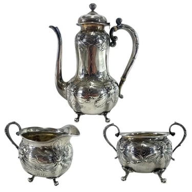 1903-04 Antique Three Piece Set American Gorham Art Nouveau Sterling Silver Coffee Service Pot Creamer and Sugar 