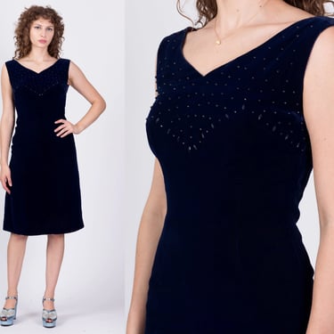 70s Dark Blue Velvet Studded Midi Dress - Small | Vintage Berkertex Mayfair Sleeveless Cocktail Party Dress 