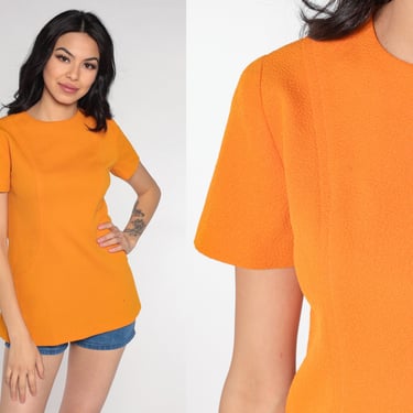 70s Mod Shirt Orange Top Retro Solid Plain Blouse Short Sleeve Shirt Basic Top Longline Tunic Minimalist Seventies Vintage 1970s Small S 