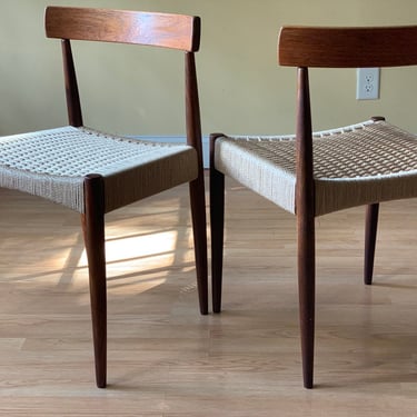 Set of FOUR Danish Teak Dining Side Chairs in Teak and new Danish Paper Cord, Arne Hovmand Olsen for Mogens Kold, set of six 