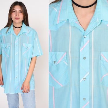 Blue Checkered Western Shirt 90s Wrangler Pearl Snap Button Up Plaid Short Sleeve Collared Shirt Oxford Pocket Vintage 1990s Men's Medium M 