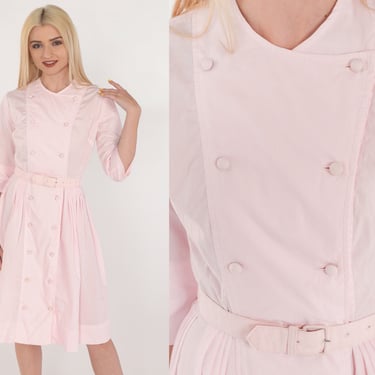 60s Day Dress Baby Pink Shirtdress Double Breasted Button up Knee Length Midi Retro High Waisted Half Sleeve Pinup Sixties Vintage 1960s XS 