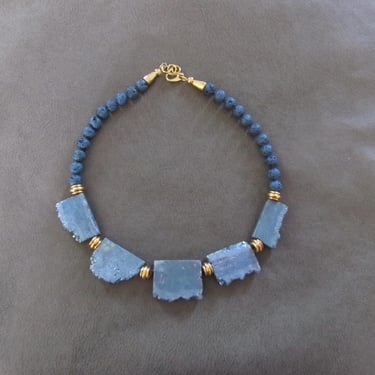 Electroplated slab stone statement necklace, chunky teal necklace 