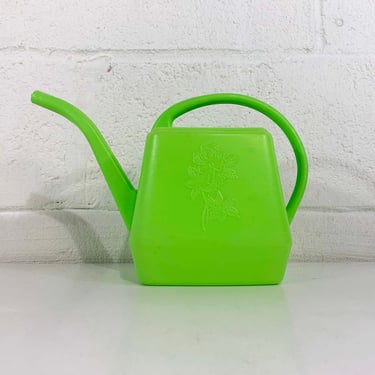 Vintage Green Plastic Watering Can Chartreuse Floral Mid-Century Colorful Home Decor Garden Plants Misco NYC USA 1970s 