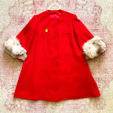 AS-IS *** Vintage 1960s 60s Fox Fur Cuffs Red Wool Mod Swing Coat (small) 