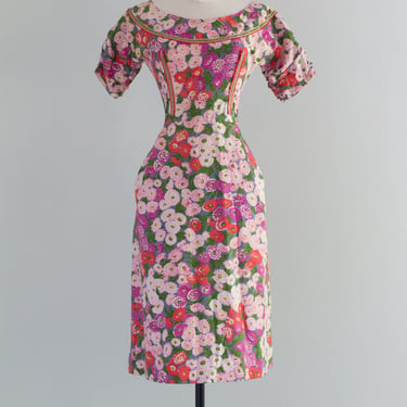 Stunning 1950's Designer Tina Leser Documented Carnation Cocktail Dress / Small