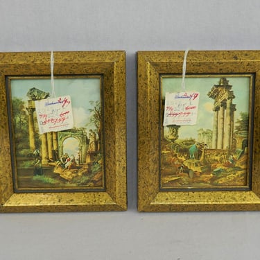 60s 70s Set of 2 Small Prints in Painted Wood Frames w/ Tags - Ancient Ruins Columns Greece Rome - Vintage Wall Art - total 4