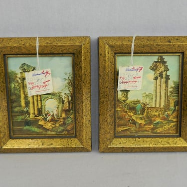 60s 70s Set of 2 Small Prints in Painted Wood Frames w/ Tags - Ancient Ruins Columns Greece Rome - Vintage Wall Art - total 4" x 4.75" each 