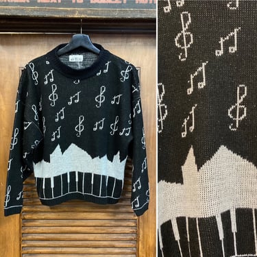 Vintage 1980’s Piano Music Notes New Wave Style Knit Sweater, 80’s New Wave, Vintage Pullover Sweater, Vintage Top, Vintage Clothing 