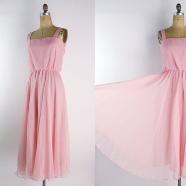 70s Pink Flowy Dress / Pink Midi Dress / Pink Party Maxi Dress / Pink Rose Dress / Pink Wedding Dress / Vintage Cocktail Dress Size M/L 