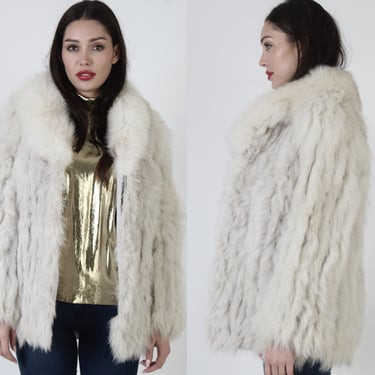 Plush 80s Saga Arctic Fox Fur Jacket, Off White Ivory Shawl Collar, Striped Suede Corded Coat 