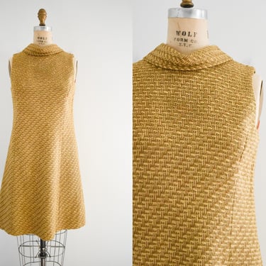 1960s Golden Tan Tweedy Mod Dress 
