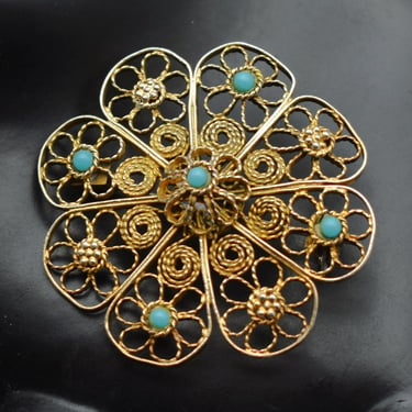 70's sterling vermeil filigree flower brooch, big Israel 925 silver blue glass cannetille floral pin 