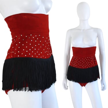 1950s Crimson Red Velveteen Rhinestone Burlesque Bloomers with Black Fringe - 1950s Burlesque Costume - 1950s Showgirl Costume | Size Small 