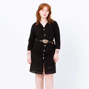 Vintage 90s Black Ultrasuede Eyelet Hem Shirtdress - Medium | Faux Suede Floral Cutout Button Up 3/4 Sleeve Collared Gothic Midi Dress 