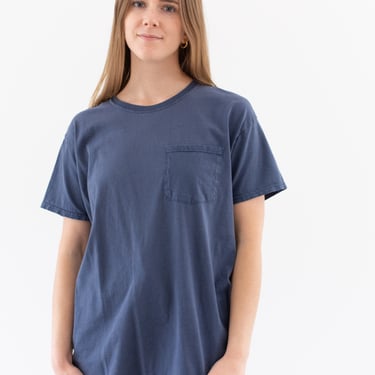Vintage Faded Navy Blue Pocket T-Shirt | Made in USA | Fruit of the Loom | Crewneck Tee | S M | 