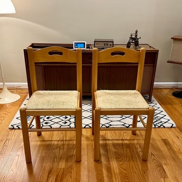 Pair of Midcentury Modern Wood and Rush Sode Chairs - Free Shipping 