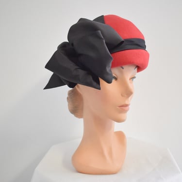 1980s David M Red Wool Hat with Black Bow 