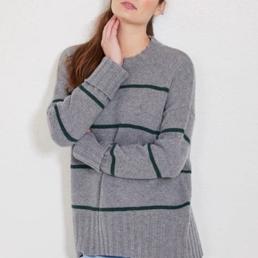 Not Monday | Mila Cashmere Crewneck Sweater in Storm Grey + Jade Stripe