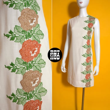 Beautiful Vintage 60s 70s Off-White Linen-Style Sleeveless Shift Dress with Brick Orange & Beige Floral Embroidery 